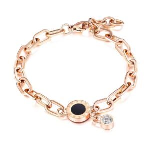 18K Rose Gold-Plated bracelet featuring round charm with black inlay and Roman numerals, and a dangling zircon stone