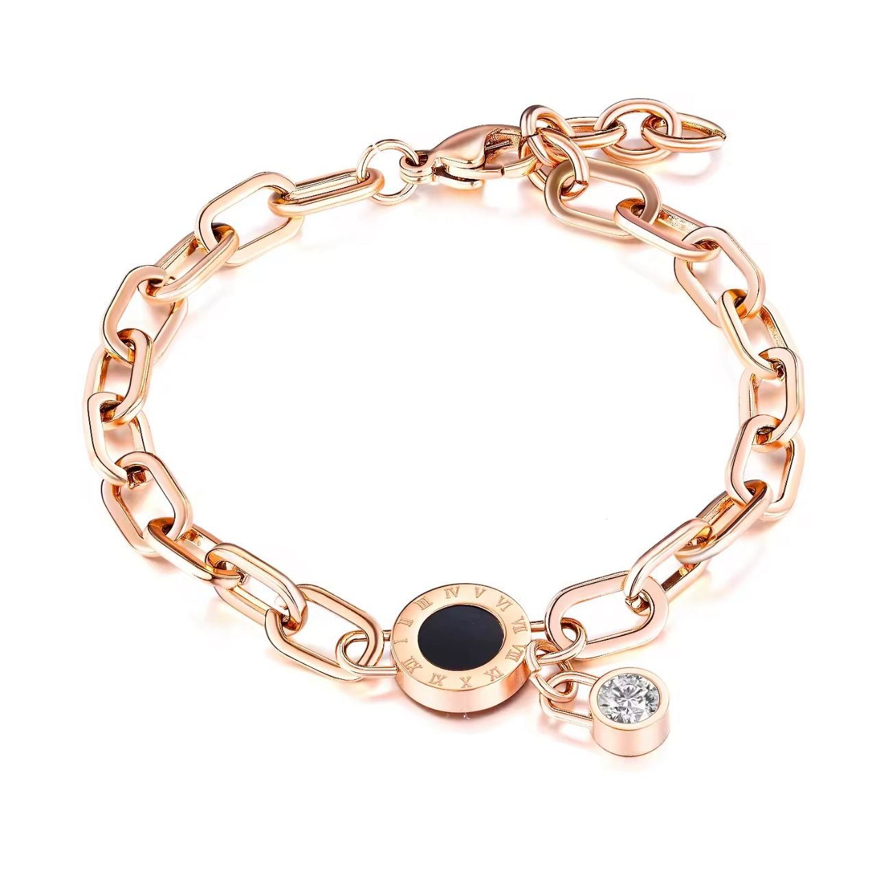 18K Rose Gold-Plated bracelet featuring round charm with black inlay and Roman numerals, and a dangling zircon stone