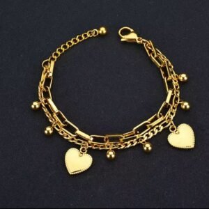 18K gold-plated charm bracelet featuring multi-chain layers, ball charms, and heart charms