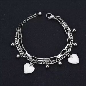 Titanium silver double-chain bracelet featuring heart charms and small ball beads