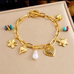 18K Pvd Gold Plated Multi Charm Flower Heart & Star Bracelet