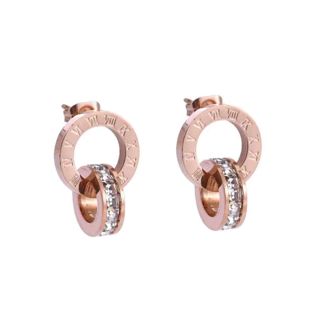 Romantic 18K Rose Gold Plated Double Circle Roman Number Zircorn Earnings