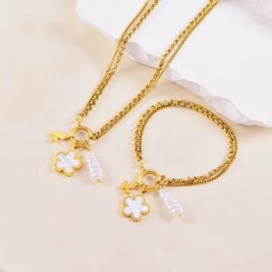 18K Gold Plated Five Petal Flower Pearl Butterfly Bracelet and Necklace Set