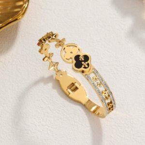 Luxury 18K Gold Plated Four Leaves Clover Cleef Cubic Zirconia Bracelet