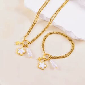 Five petal flower pearl butterfly 18K gold plated necklace and bracelet set