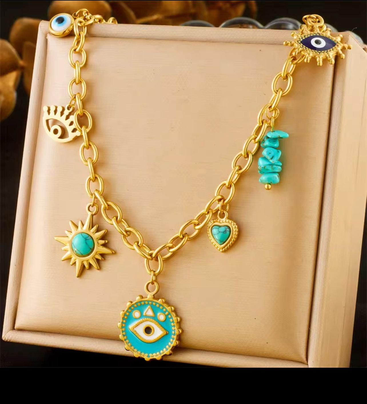 18K gold plated evil eye and turquoise charms