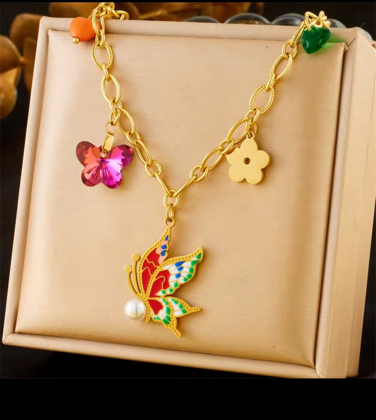 18K gold plated butterfly love heart necklace