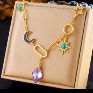 18K gold plated purple diamond star moon necklace