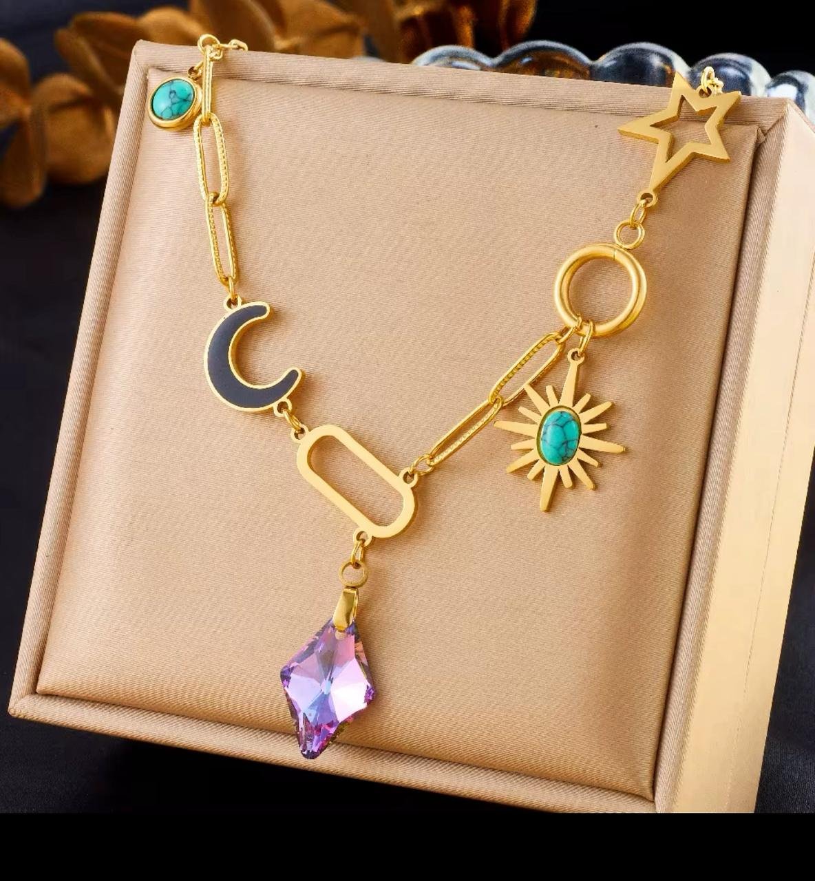 18K gold plated purple diamond star moon necklace