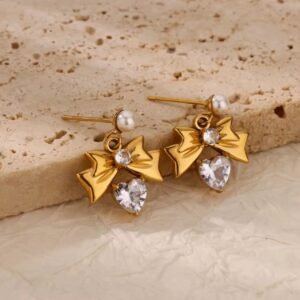 18K gold plated bow earing with white zircon heart
