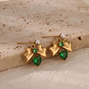 18K gold plated bow earing with Green zircon heart