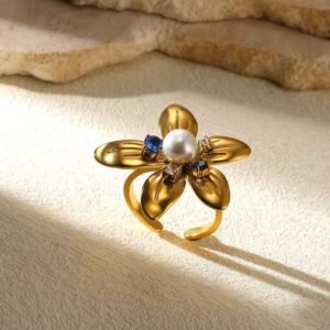 Pearl and zircorn flower18K gold plated flower ring