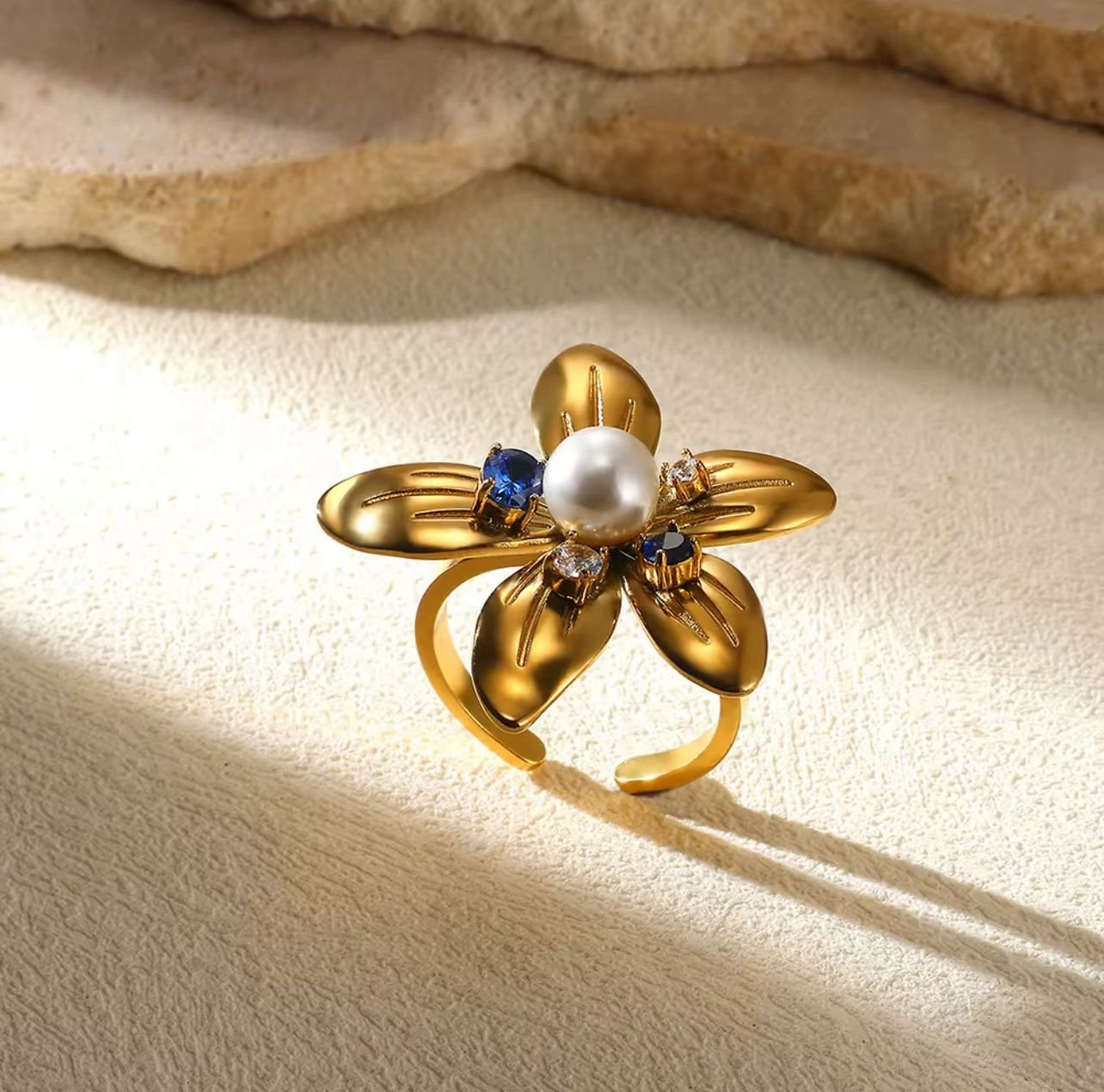 Pearl and zircorn flower18K gold plated flower ring