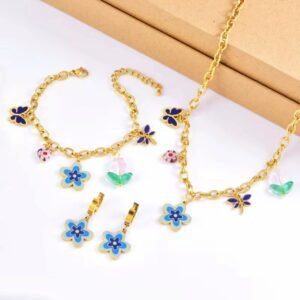18K gold plated blue five petal flower necklace, bracelet and earring set