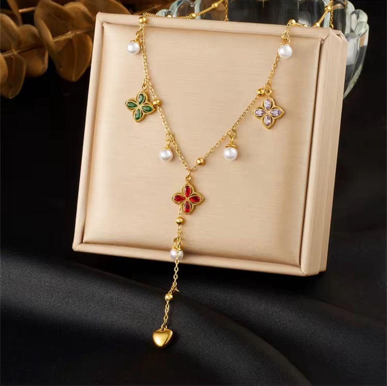 Colorful flower diamond pearl 18K gold Plated Neckless