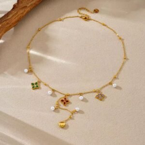 Colorful flower diamond pearl 18K gold Plated Neckless