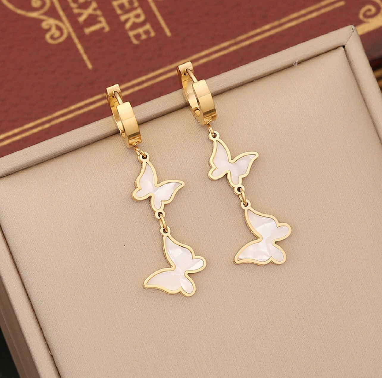18K gold plated white butterflies earring