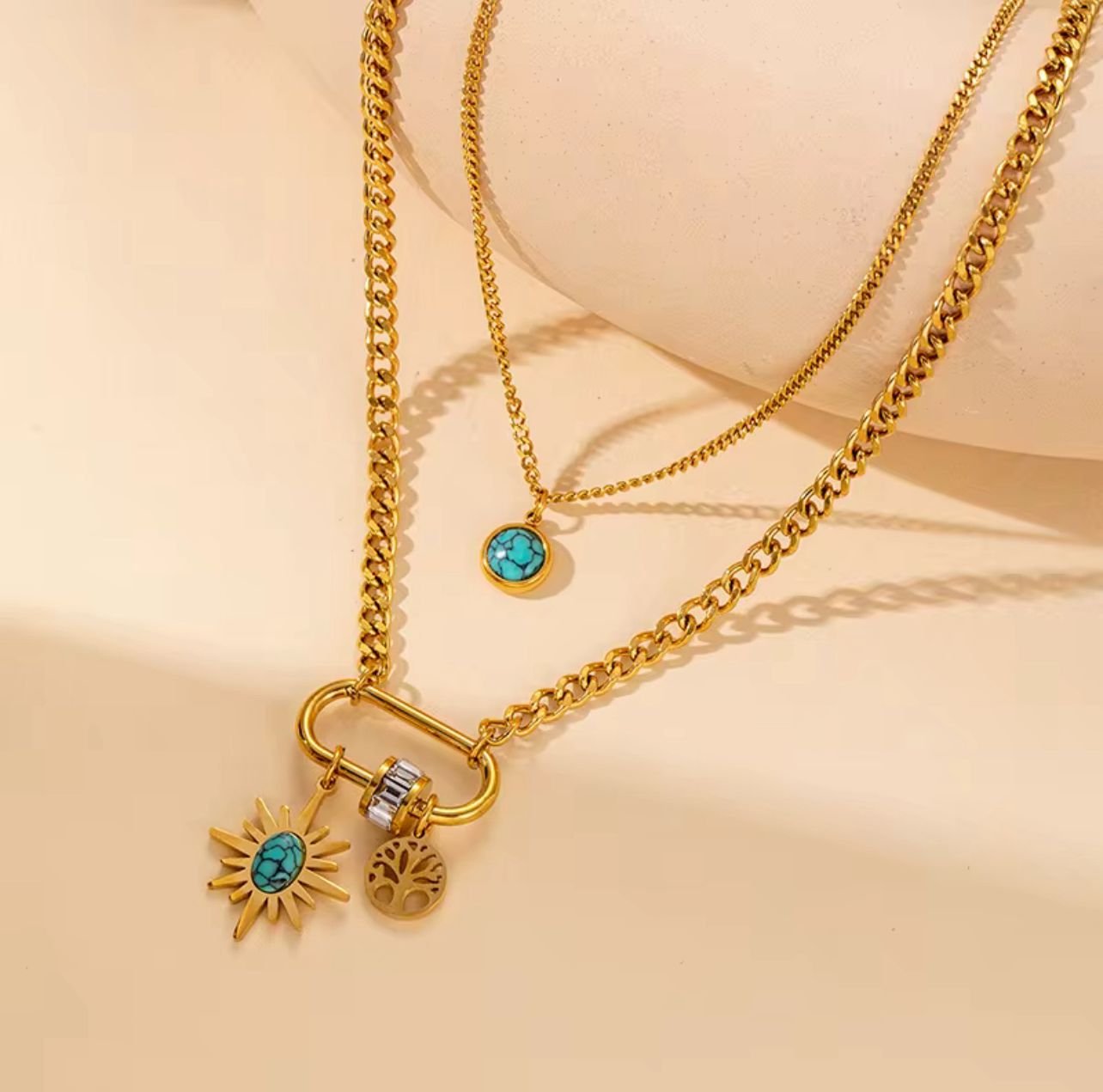18K gold plated double layers turquoise flower