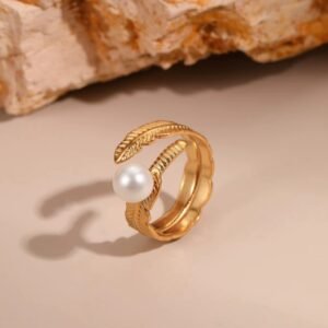 18K gold plated leaf pearl ring