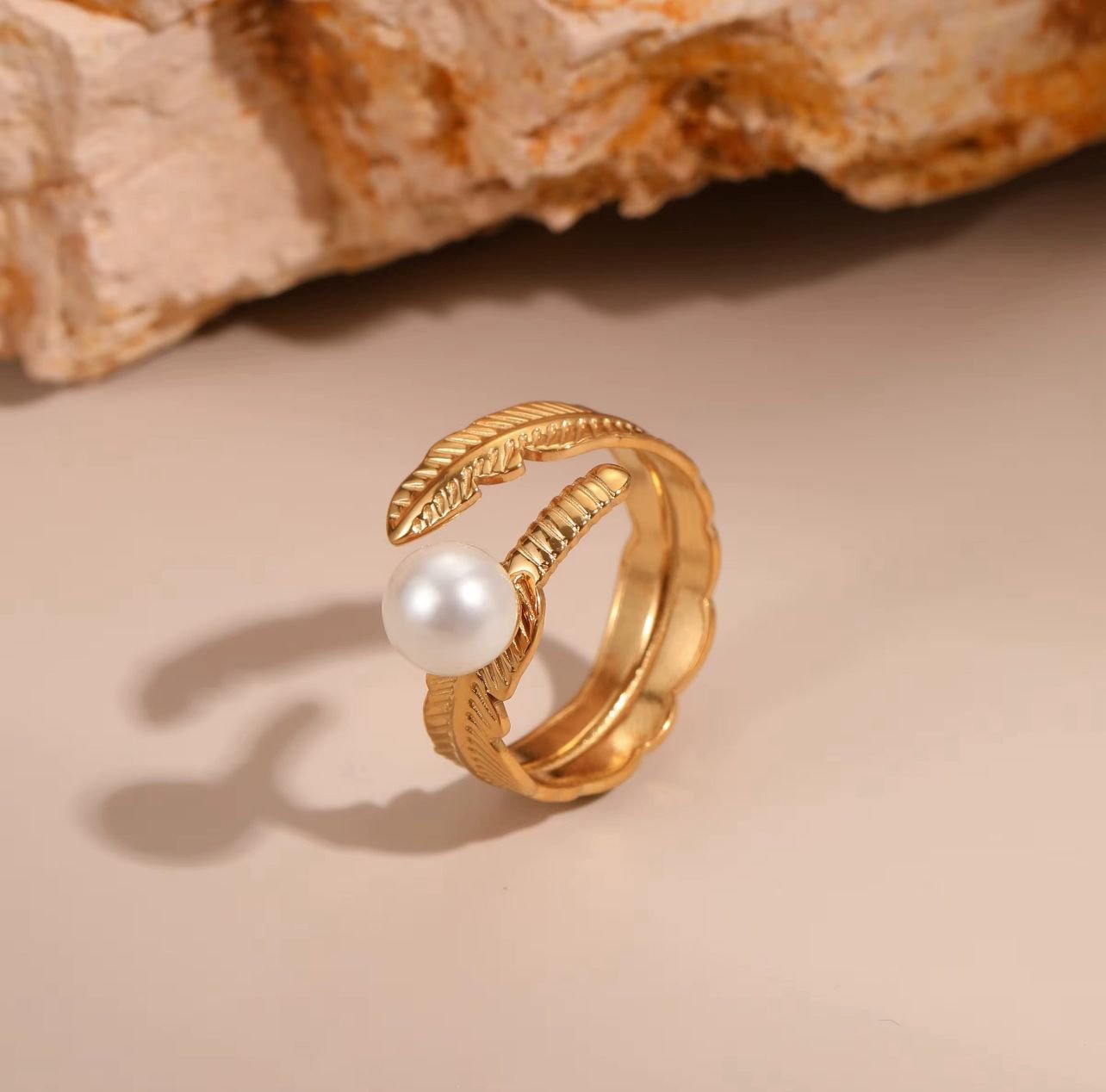 18K gold plated leaf pearl ring