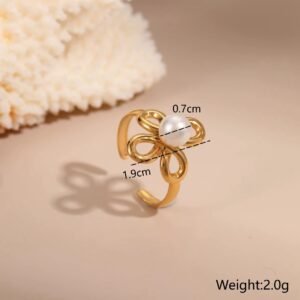 18K gold plated vintage bow pearl ring