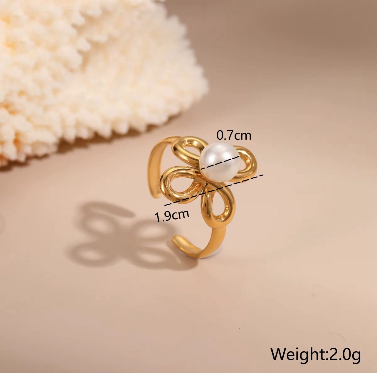 18K gold plated vintage bow pearl ring