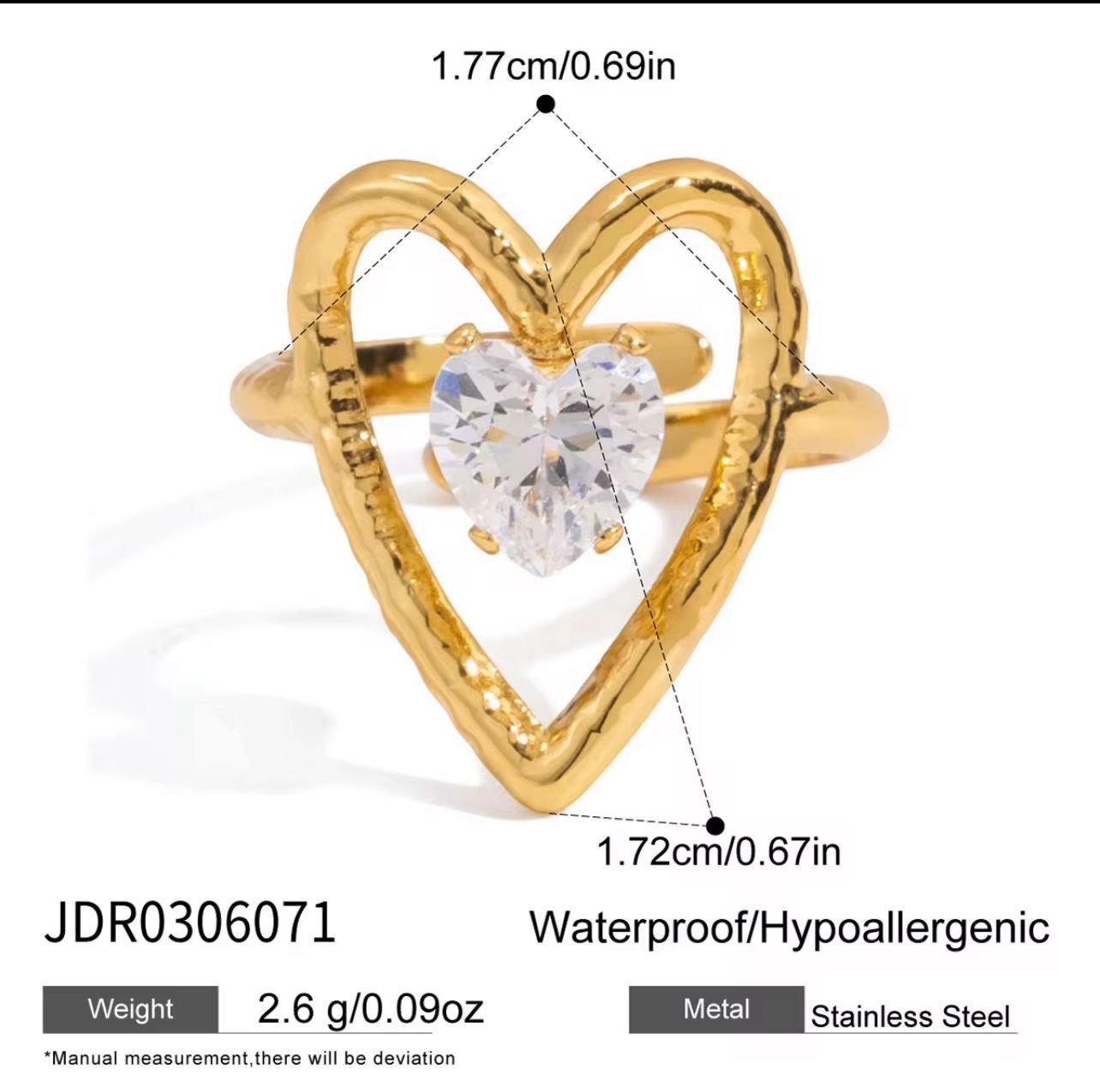 18K gold plated minimalist heart shaped zircorn ring