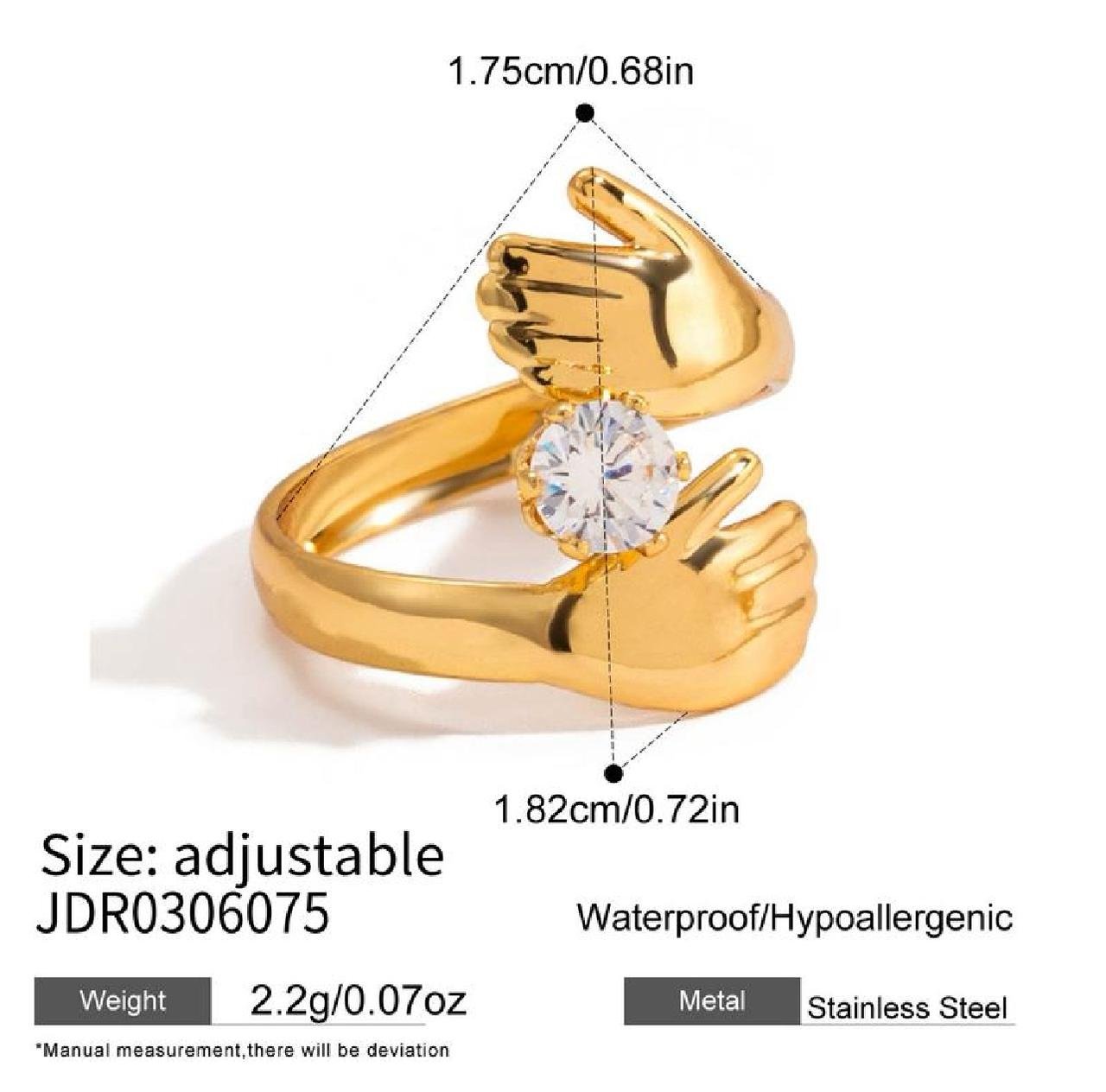 18K gold plated two hands hugging zircorn diamond ring