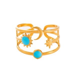 18K gold plated moon star sun natural stones ring