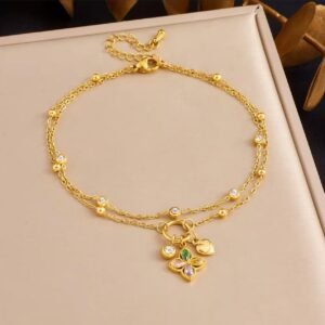 18K gold plated zircon anklet with heart four leaves clover flower charms