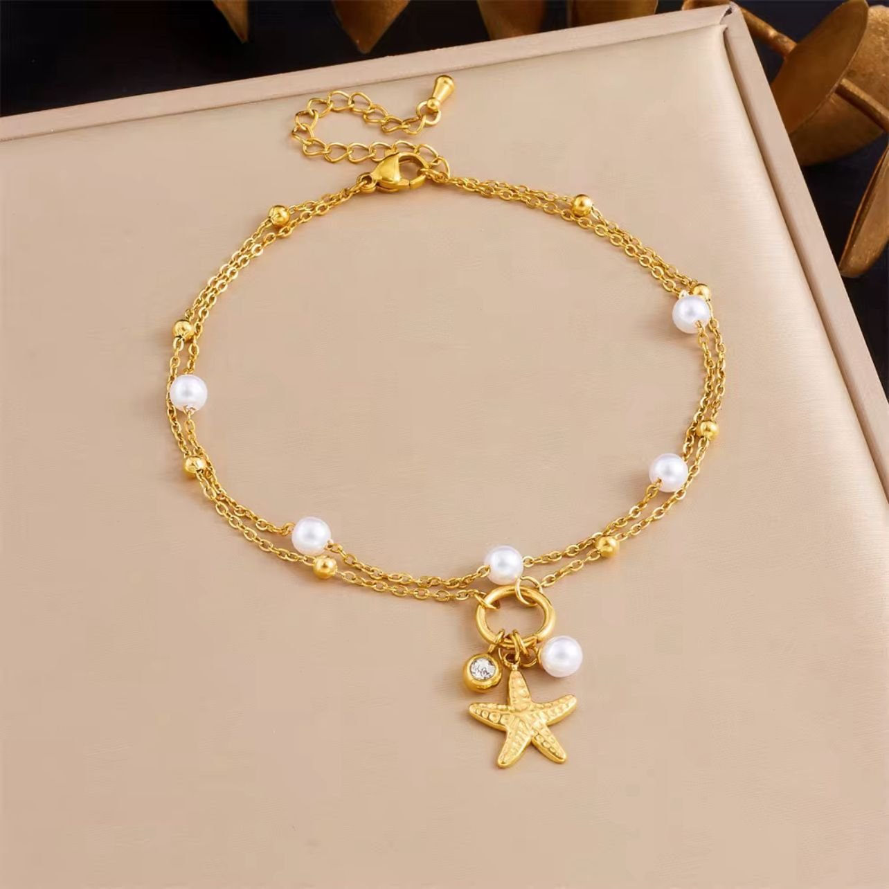 18K gold plated double layer starfish pearl and zircon anklet