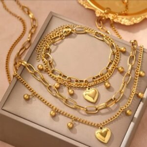 18K Gold Plated Multiple Hearts Pendent  Clavicle Chain Pendent Necklace and Bracelet set