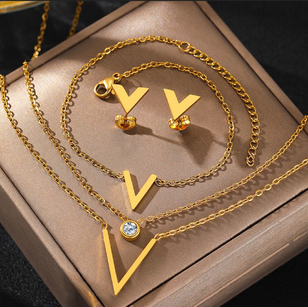 18K Gold Plated Vintage Boho V shape Necklace and Bracelet Set