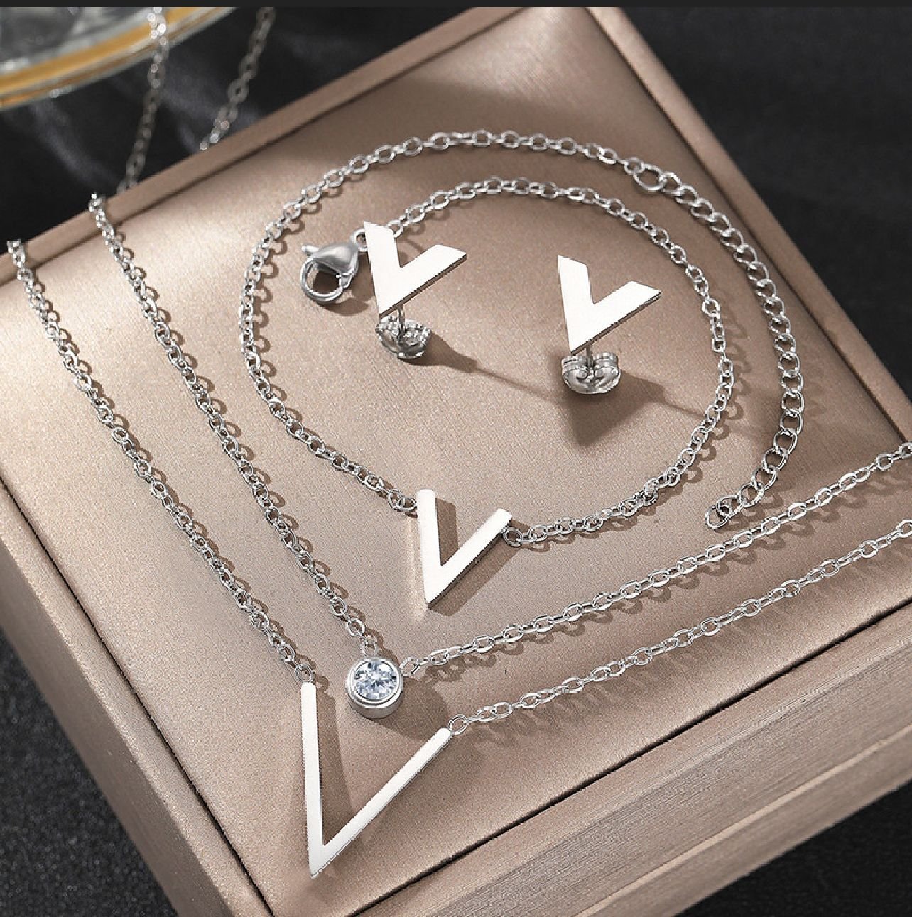 Titanium Silver Vintage Boho V shape Necklace and Bracelet Set