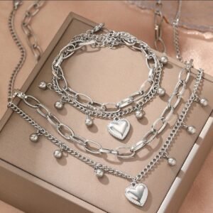 Titanium Silver Multiple Hearts Pendent  Clavicle Chain Pendent Necklace and Bracelet set