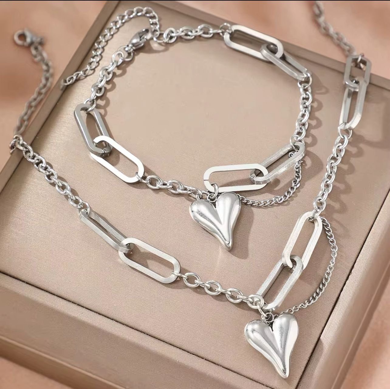 Titanium Silver Heart Charm Necklace and Bracelet Set