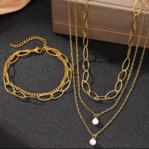 Three Layer 18K Gold Plated Chain Pearl Pendent Necklace and Bracelet Set