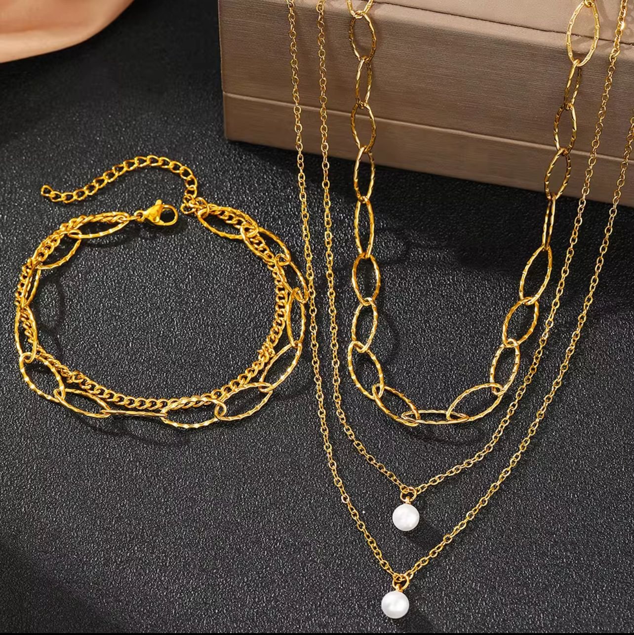Three Layer 18K Gold Plated Chain Pearl Pendent Necklace and Bracelet Set