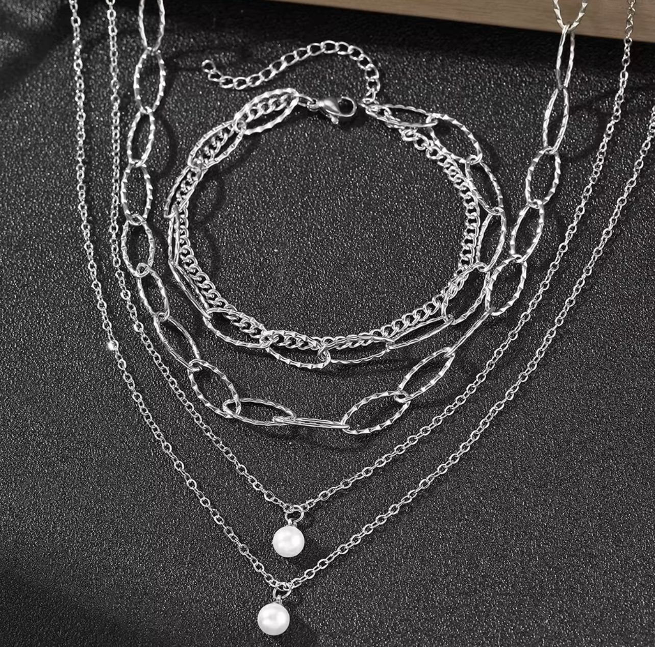 Three Layer Titanium Silver Chain Pearl Pendent Necklace and Bracelet Set