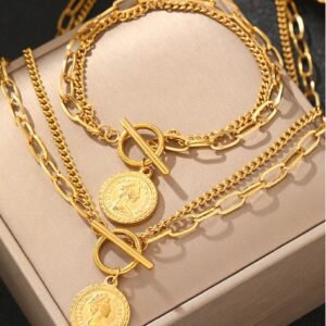 18K Gold Plated Trendy round Pendant Retro Multi-Layer Link Chain Necklace and Bracelet Set