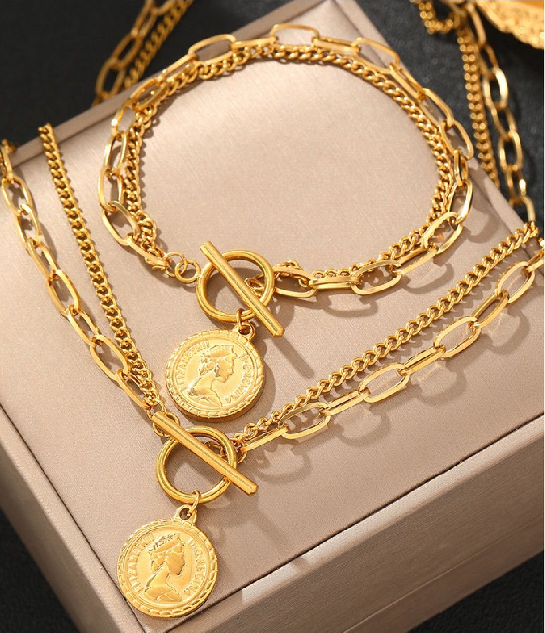 18K Gold Plated Trendy round Pendant Retro Multi-Layer Link Chain Necklace and Bracelet Set