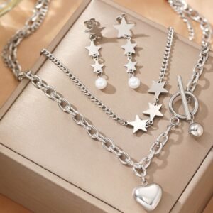 Titanium Silver  Stars, Heart and Pearl Multiple Layer Necklace and Earing Set