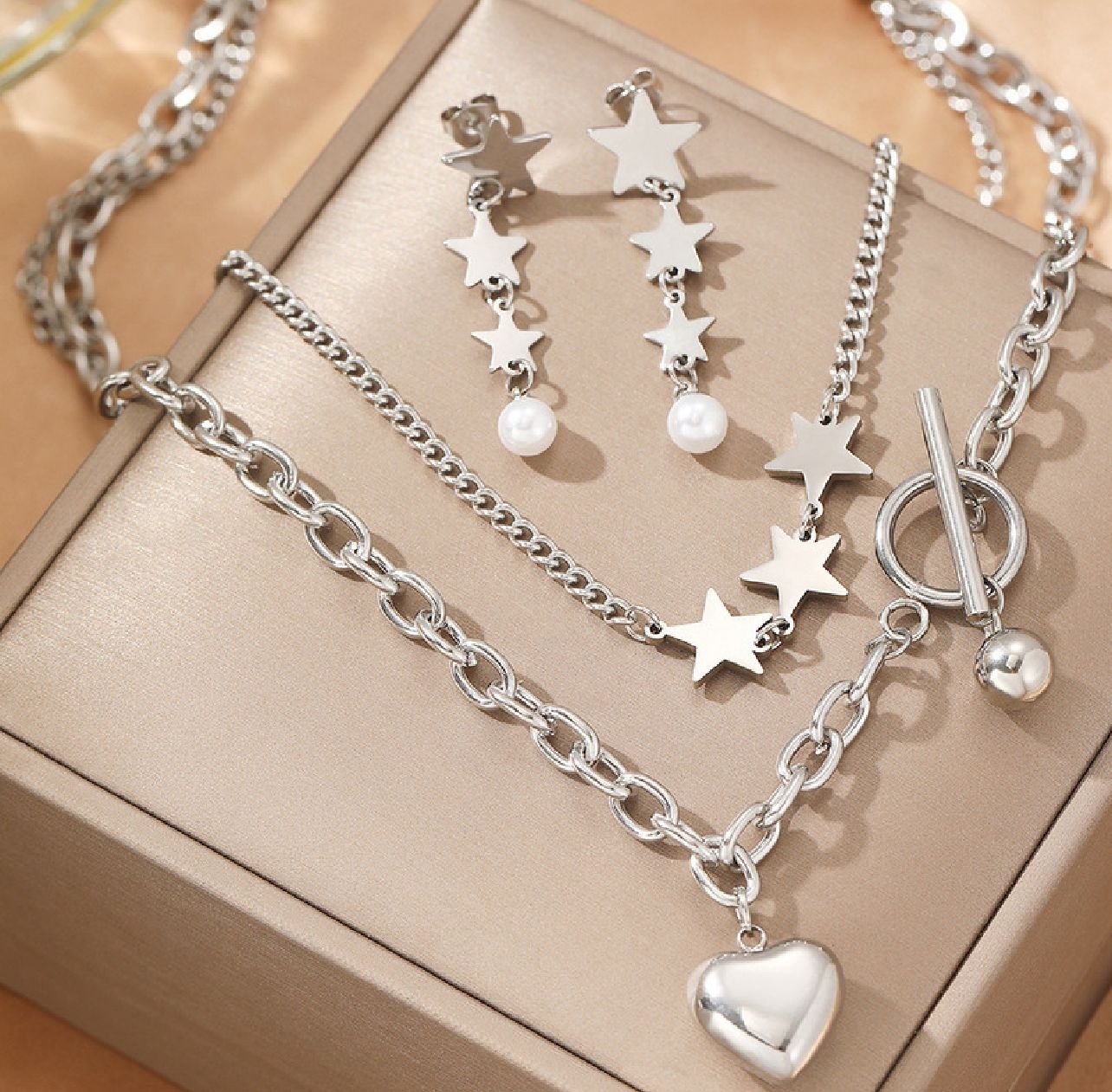 Titanium Silver  Stars, Heart and Pearl Multiple Layer Necklace and Earing Set