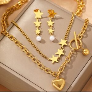 18K Gold Plated Stars, Heart and Pearl Multiple Layer Necklace and Earing Set