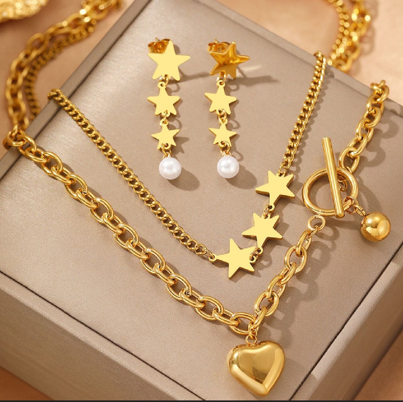 18K Gold Plated Stars, Heart and Pearl Multiple Layer Necklace and Earing Set