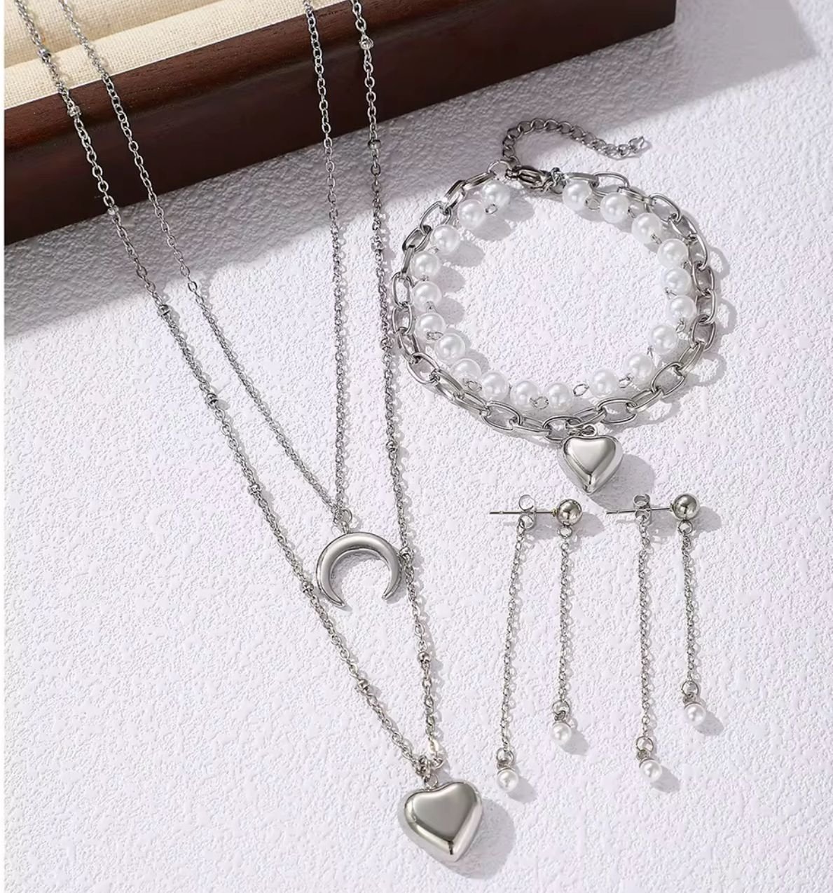 Titanium Pearl Moon Love Eternal Neclace, Bracelet and Earrings Set
