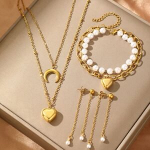 18K Gold Plated Pearl Moon Love Eternal Necklace, Bracelet and Earrings Set