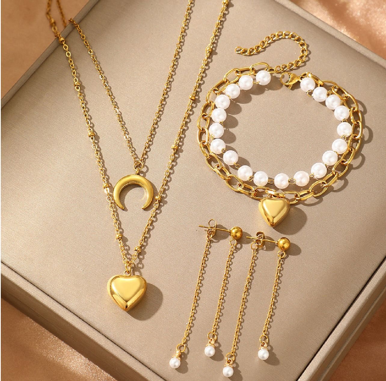 18K Gold Plated Pearl Moon Love Eternal Necklace, Bracelet and Earrings Set