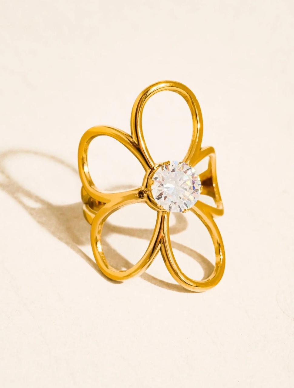18K Gold-Plated Flower Statement Ring featuring a central cubic Zircon stone