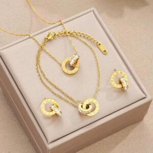 18K gold-plated Roman numeral double-loop jewelry set including a necklace, bracelet, and earrings